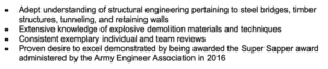 An example of a combat engineer's summary of qualifications on a resume