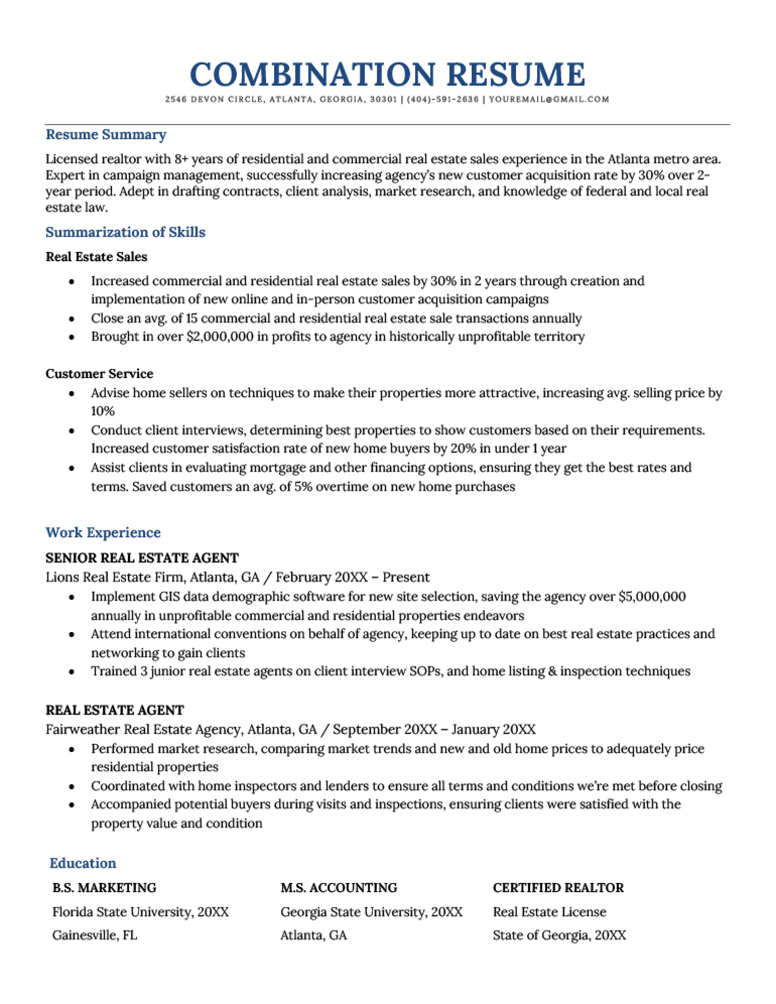 A combination resume example from a realtor
