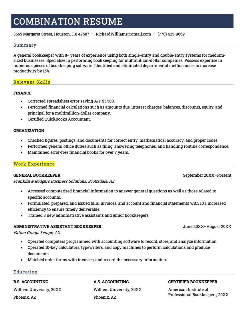 A combination resume format that features a summary, followed by equally sized skills and work experience sections, and education at the bottom.