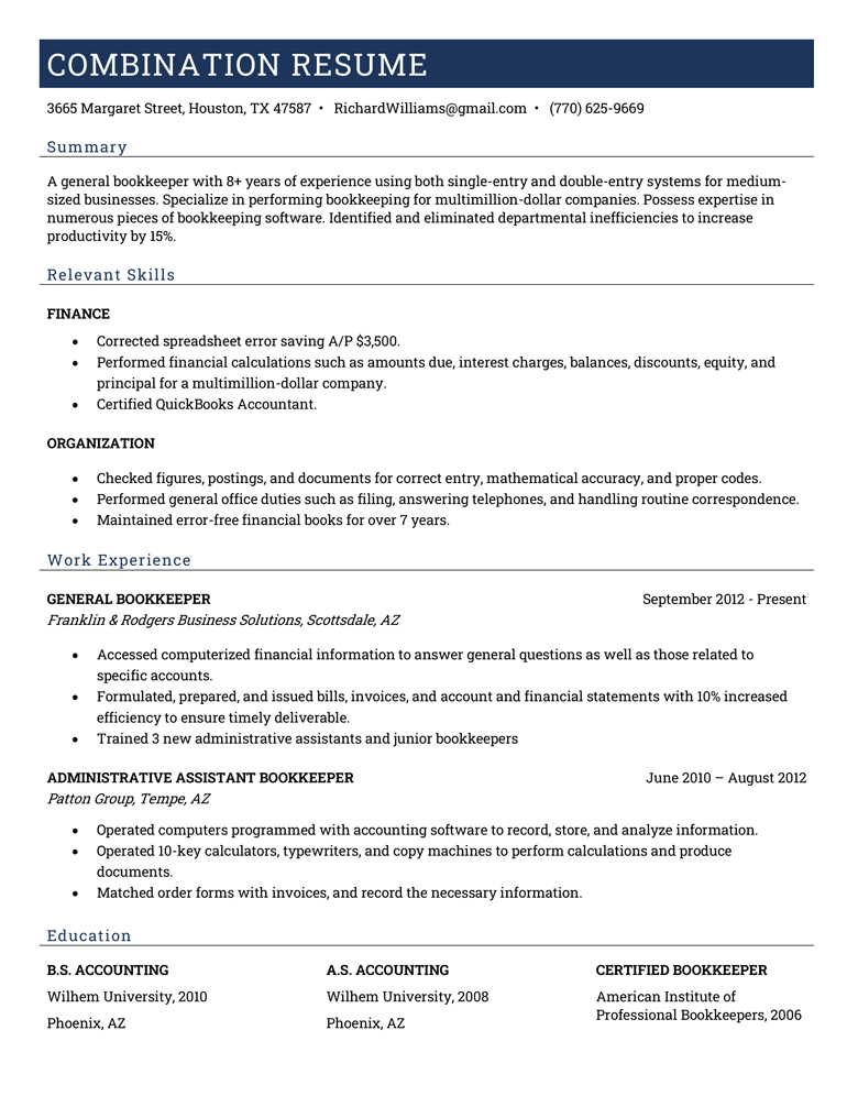 A combination resume format that features a summary, followed by equally sized skills and work experience sections, and education at the bottom. 