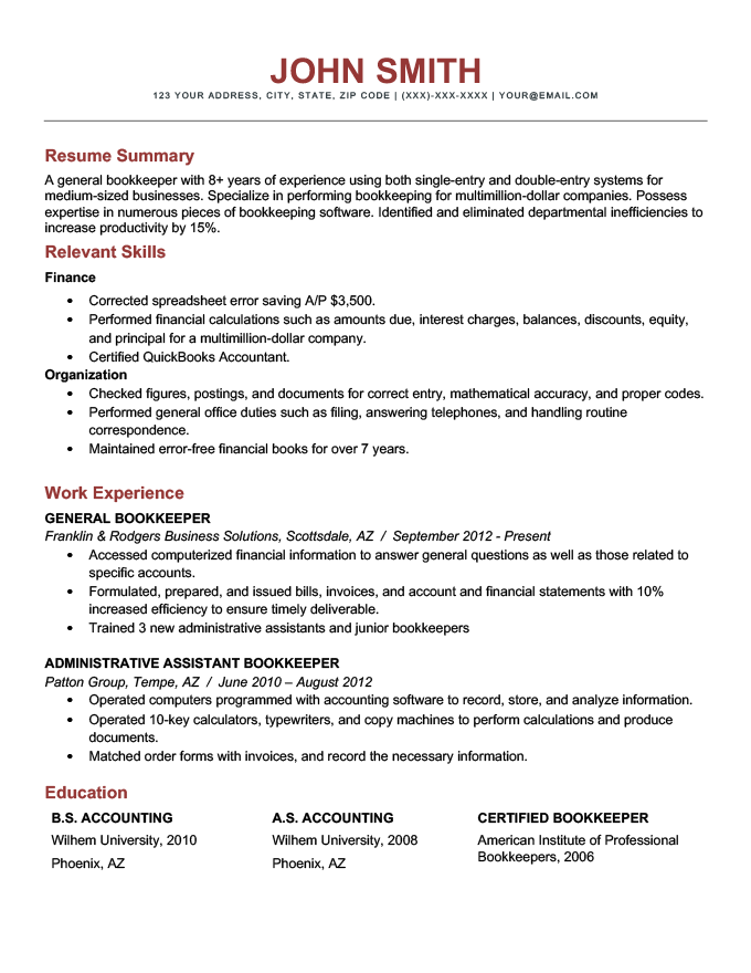 An example of a resume using a combination layout on a simple template with brick red header text.