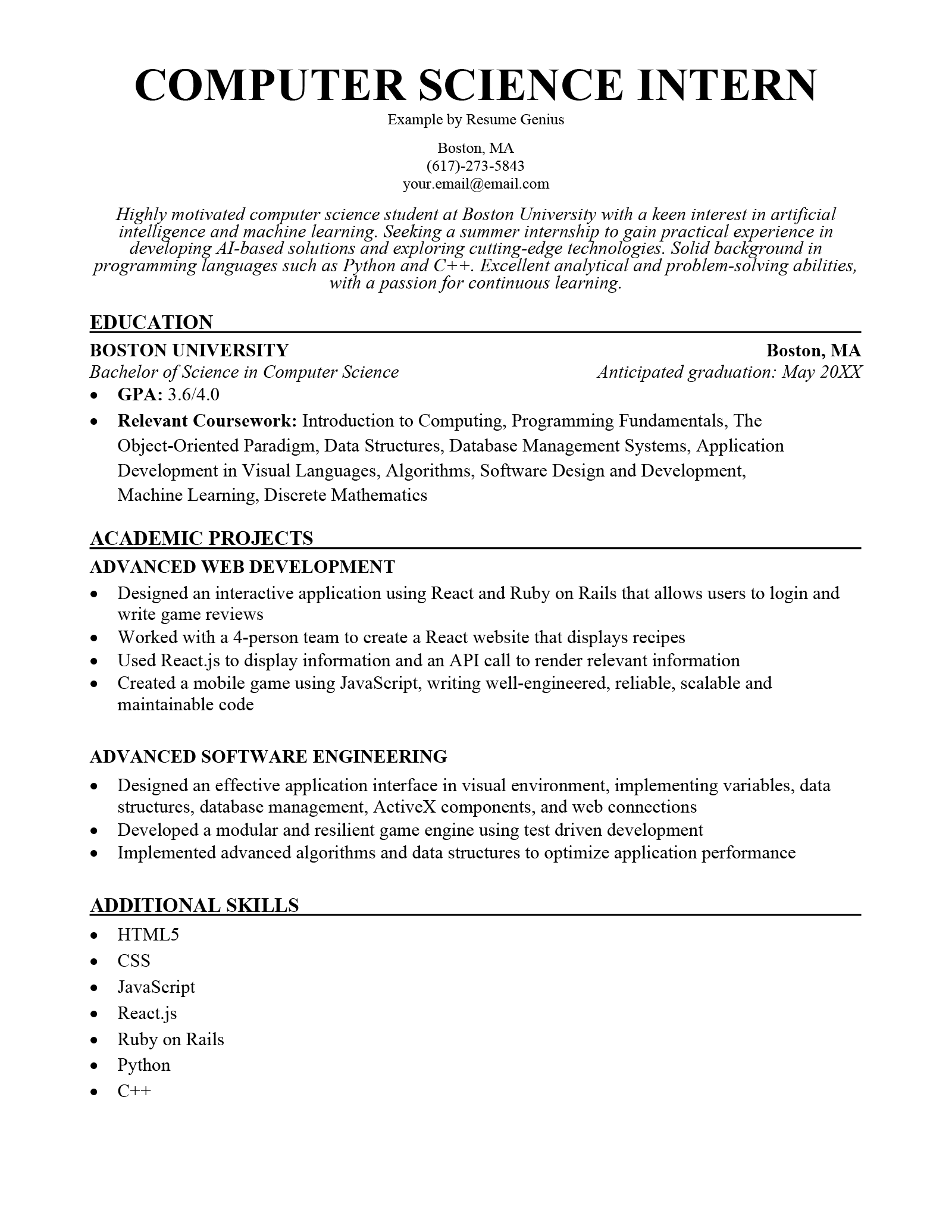 Computer Science Intern Resume Samples & Writing Guide