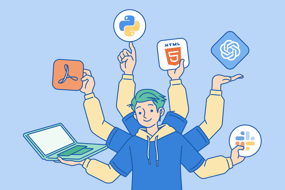 Graphic showing a spider diagram with a computer in the center and icons representing different computer skills branching out.