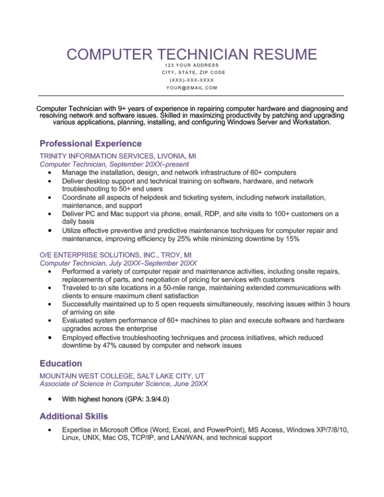 computer job description for resume