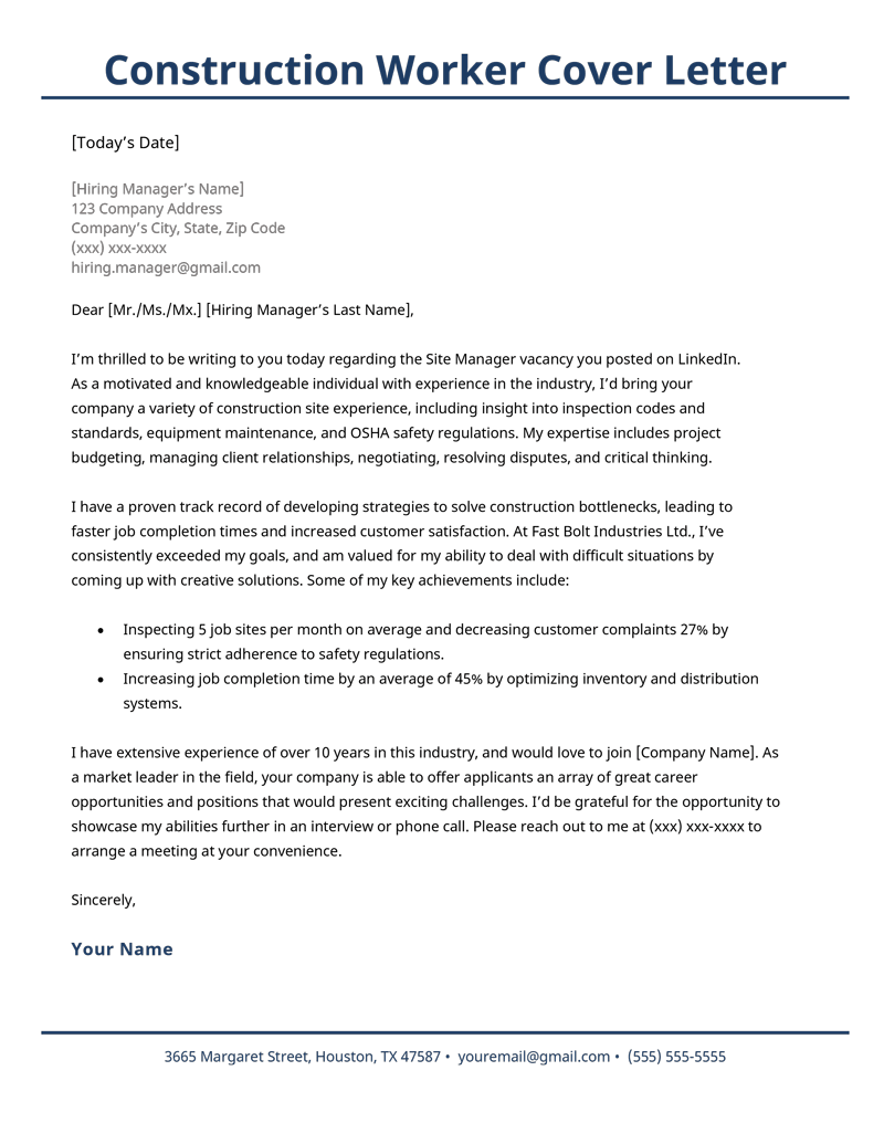 building and construction cover letter example