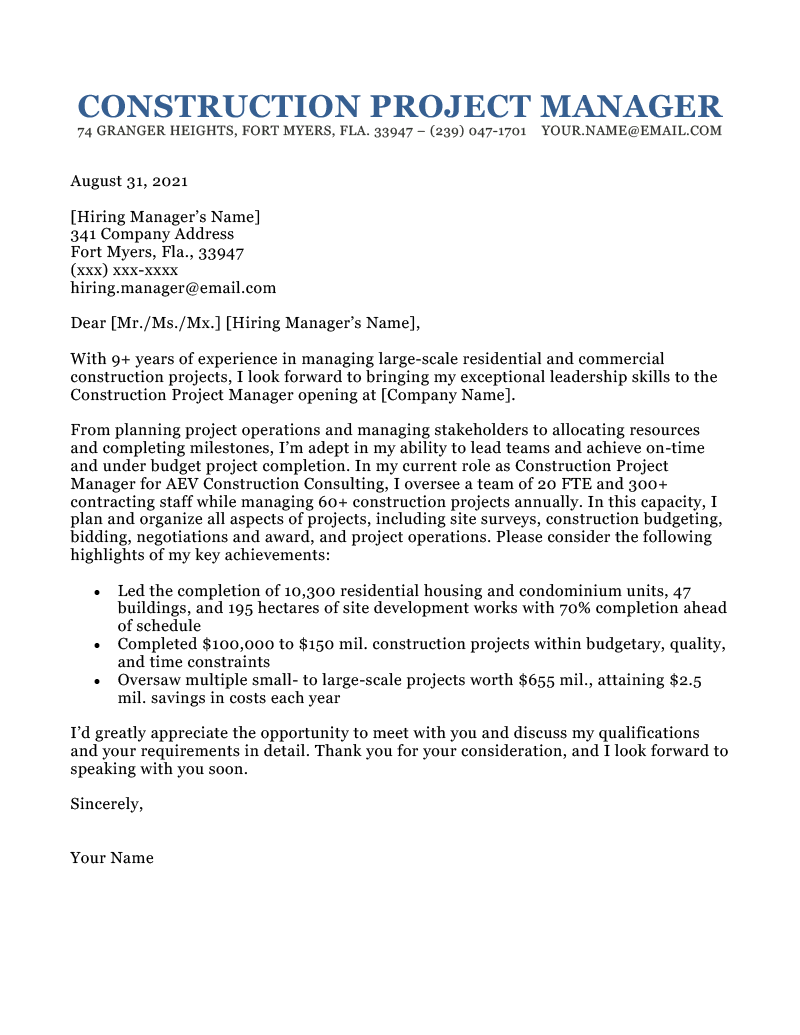 An example of a construction project manager's cover letter.