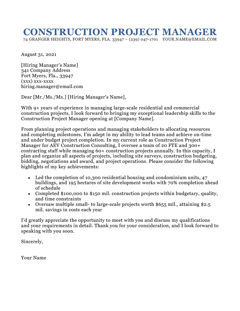 construction administrator cover letter