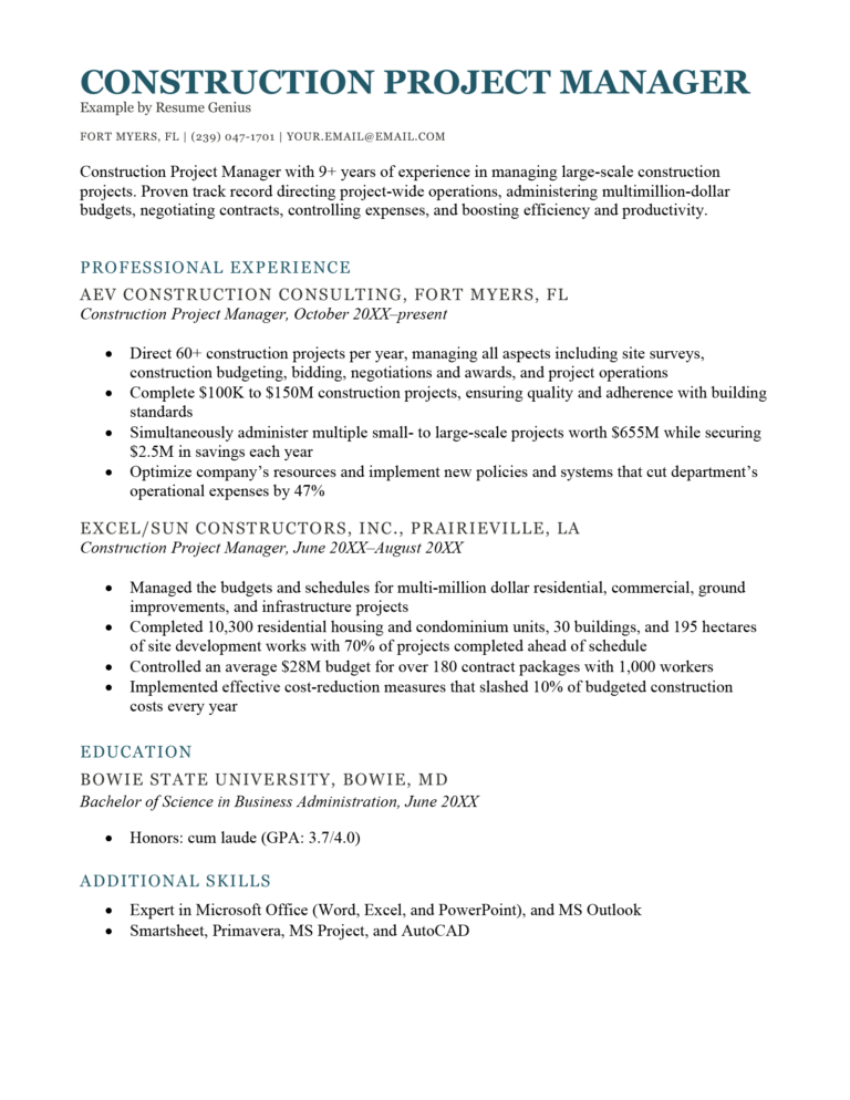 Construction Project Manager Resume [Example for Download]