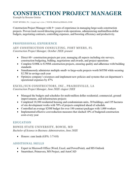 Construction Project Manager Resume Example Template