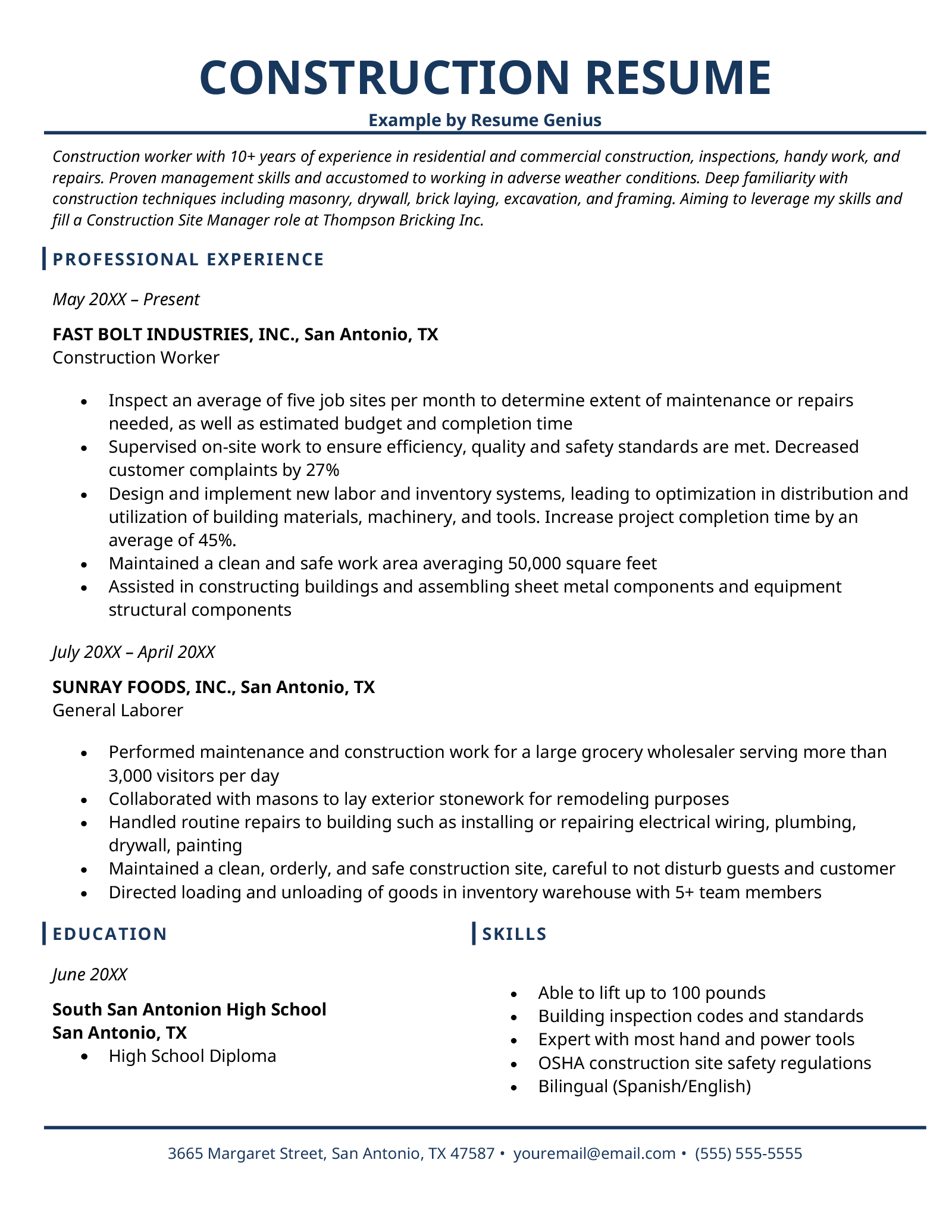 A sample construction resume.