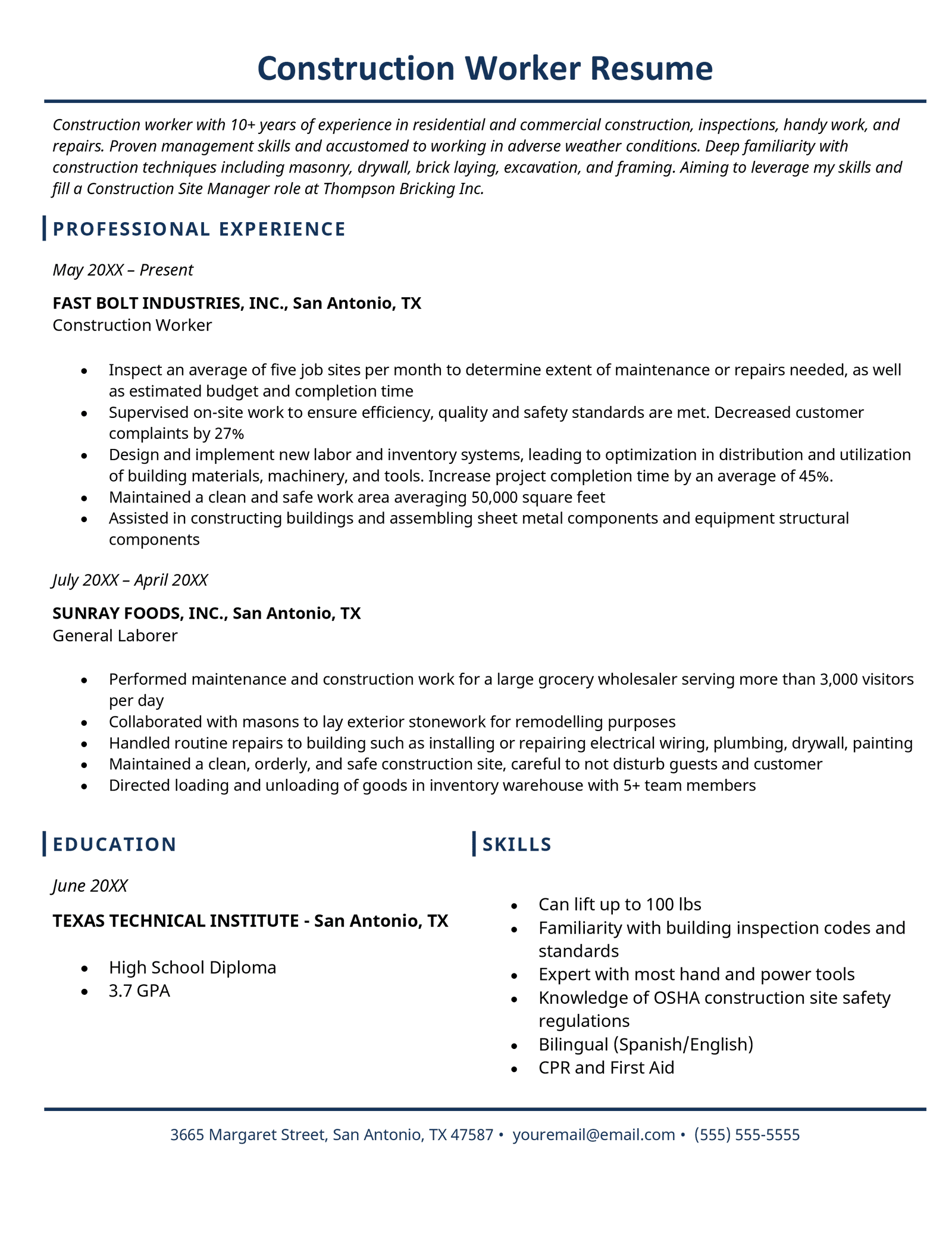 An example of a construction worker resume