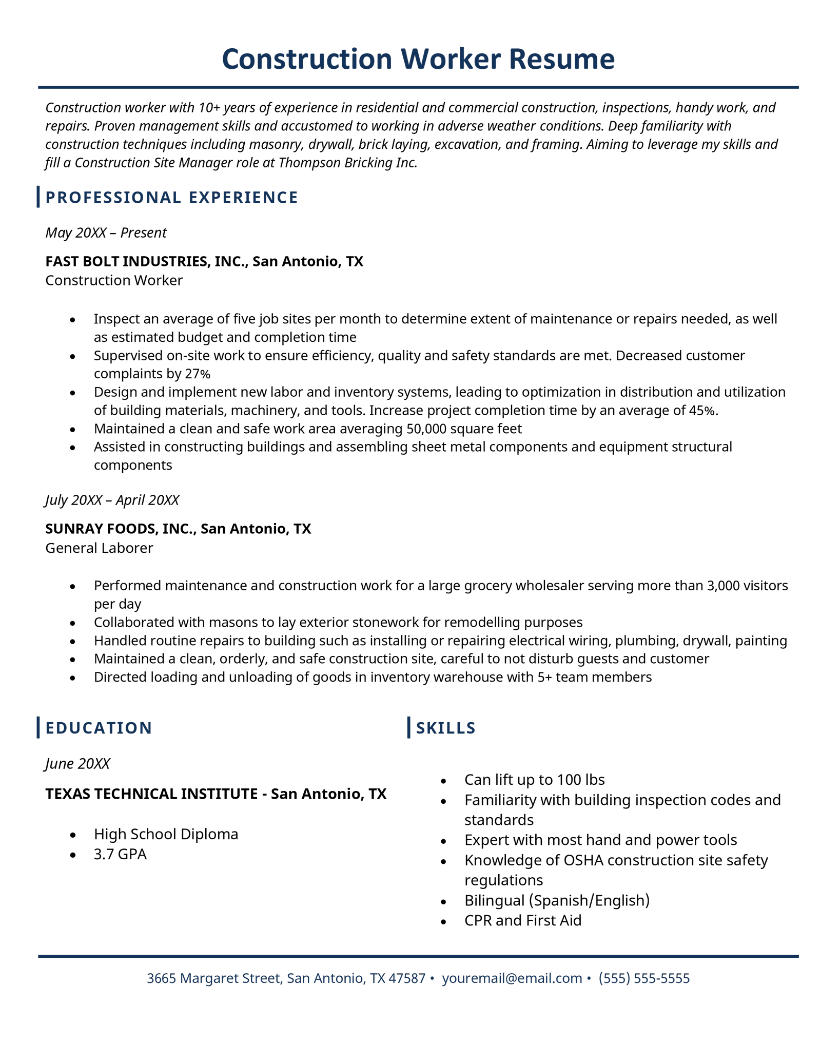 Construction Worker Resume Examples for 2023