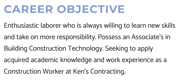 A construction worker resume objective example with a light blue header