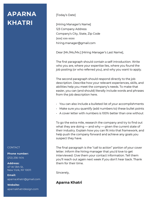 The Cool creative cover letter template in blue