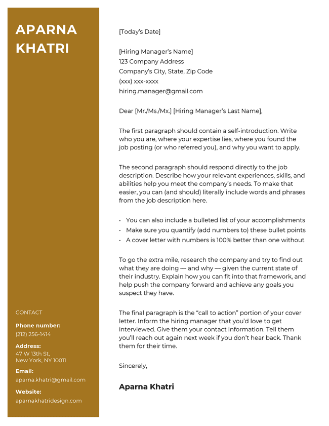 The Cool creative cover letter template in yellow