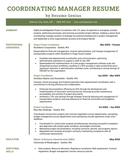 An example of a coordinating manager resume.