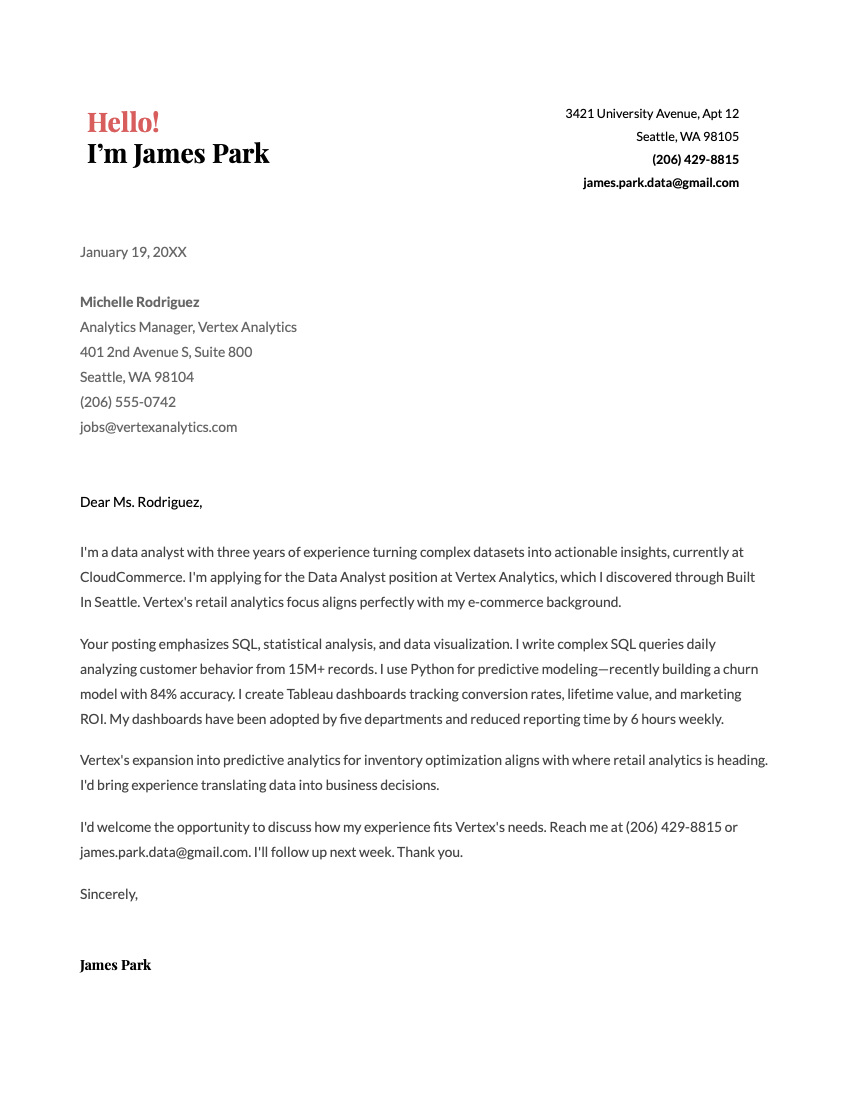 An example of the "Coral" cover letter template for Google Docs
