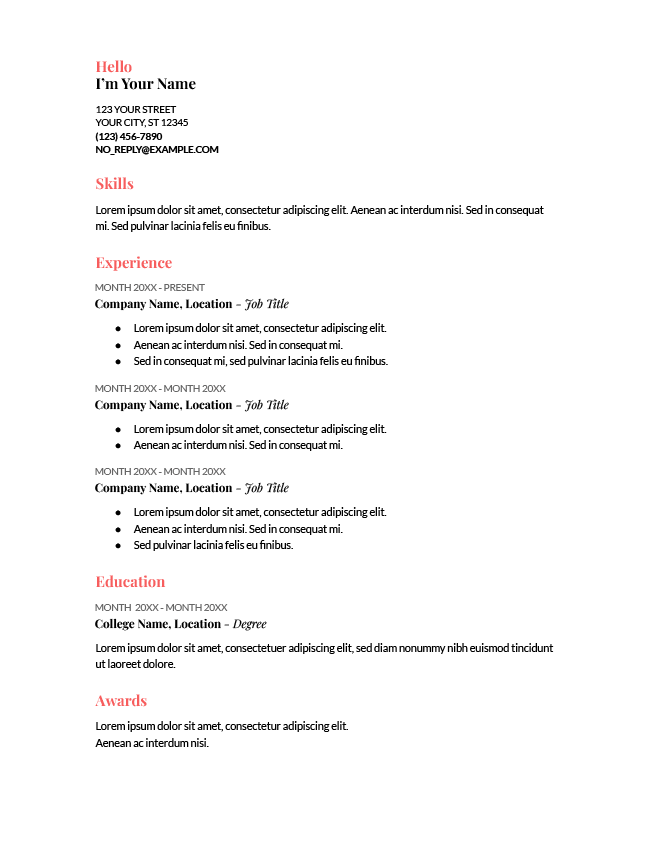 The "Coral" Google Docs resume template