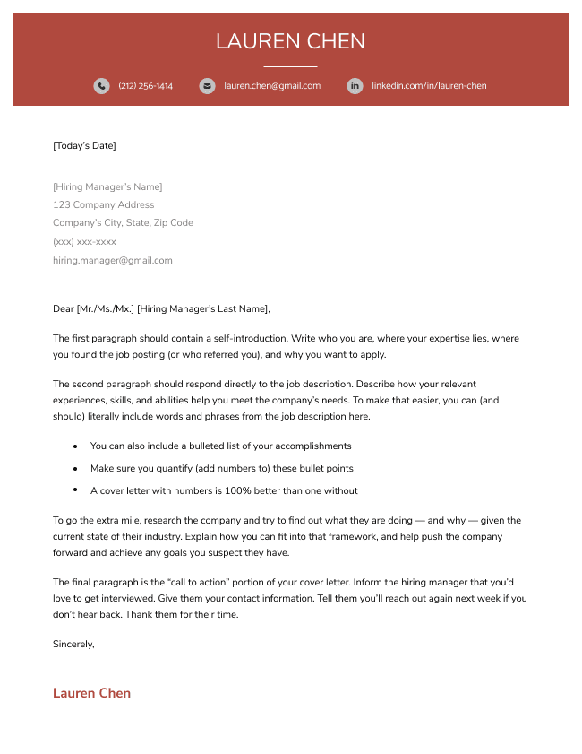 The Corporate cover letter template in red, featuring a bold header at the top for your name and contact information
