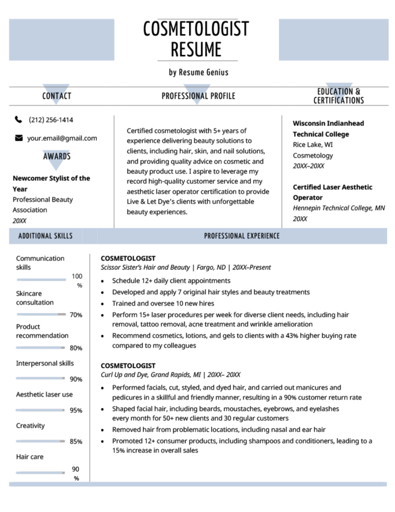 Cosmetology Resume Examples amp Template - Cosmetologist Resume Example Notre Dame Blue 791x1024