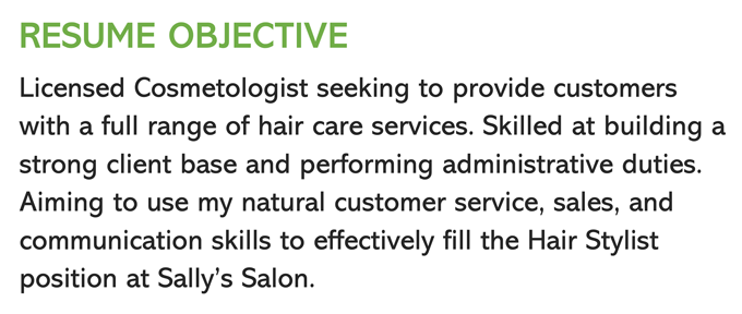 A cosmetologist resume objective example with a green header