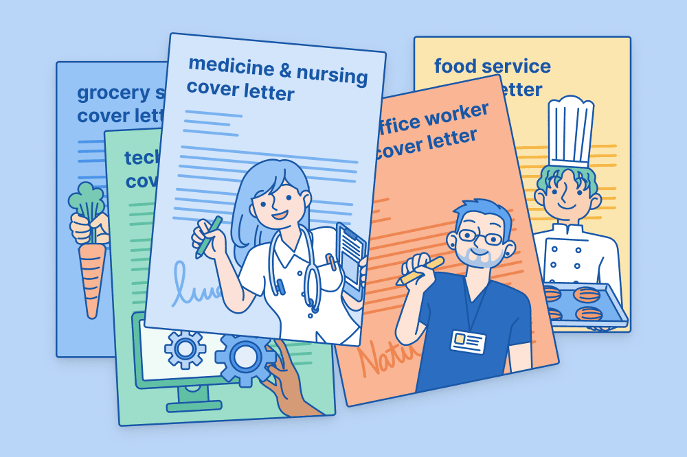 Graphic showing an illustrated job seeker balancing on top of a large cover letter and pointing down to the contents, with two more large cover letter examples in the background.