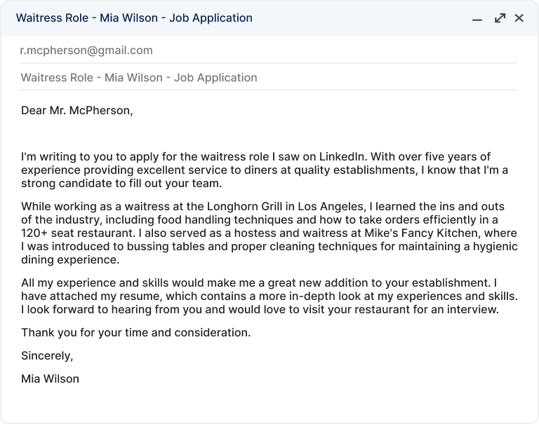 Email cover letter using proper cover letter spacing written by a candidate applying for a waitress posiiton.