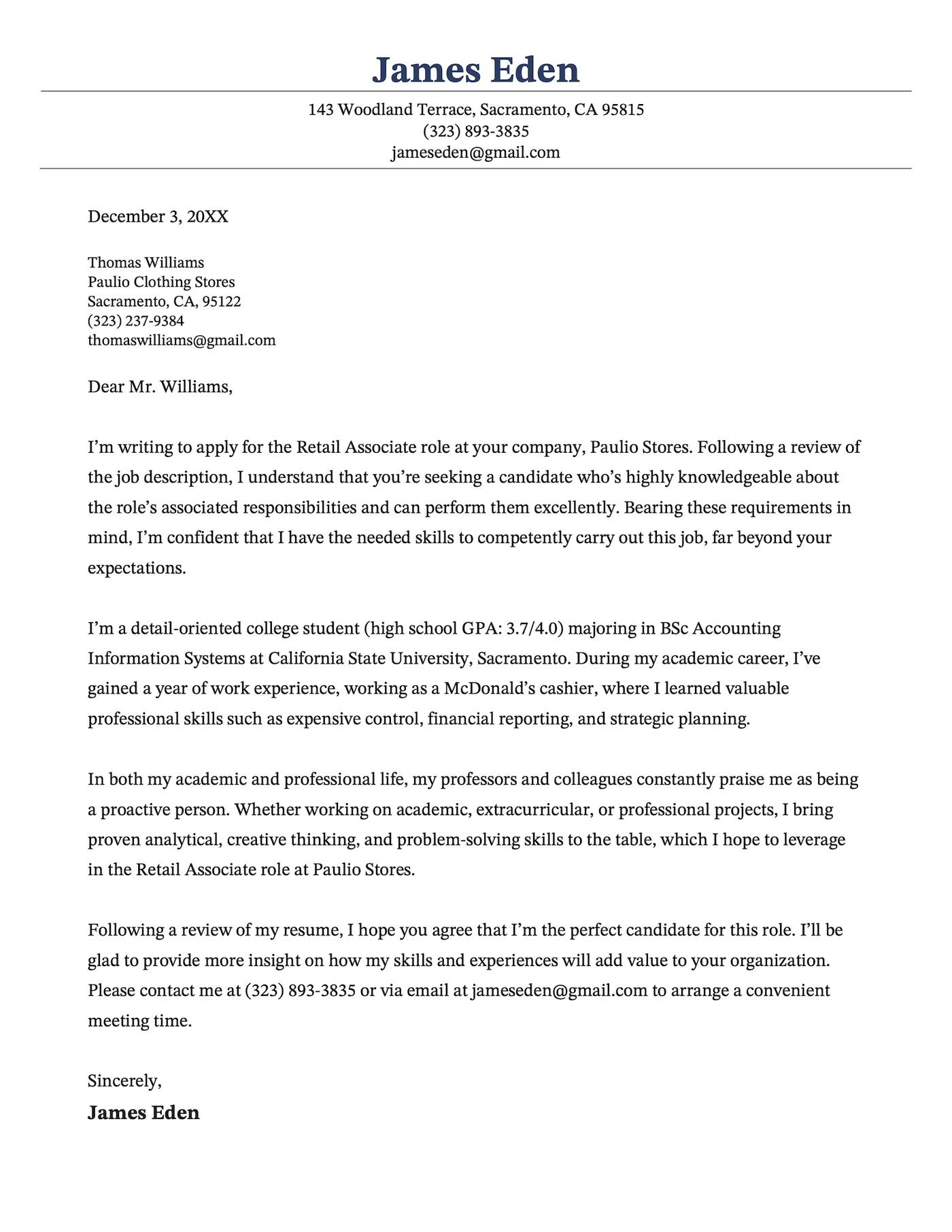 Cover letter for a part time job example