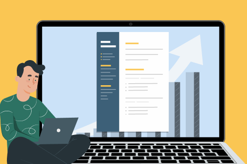 Graphic showing a man reading about current resume trends with a laptop in the background.