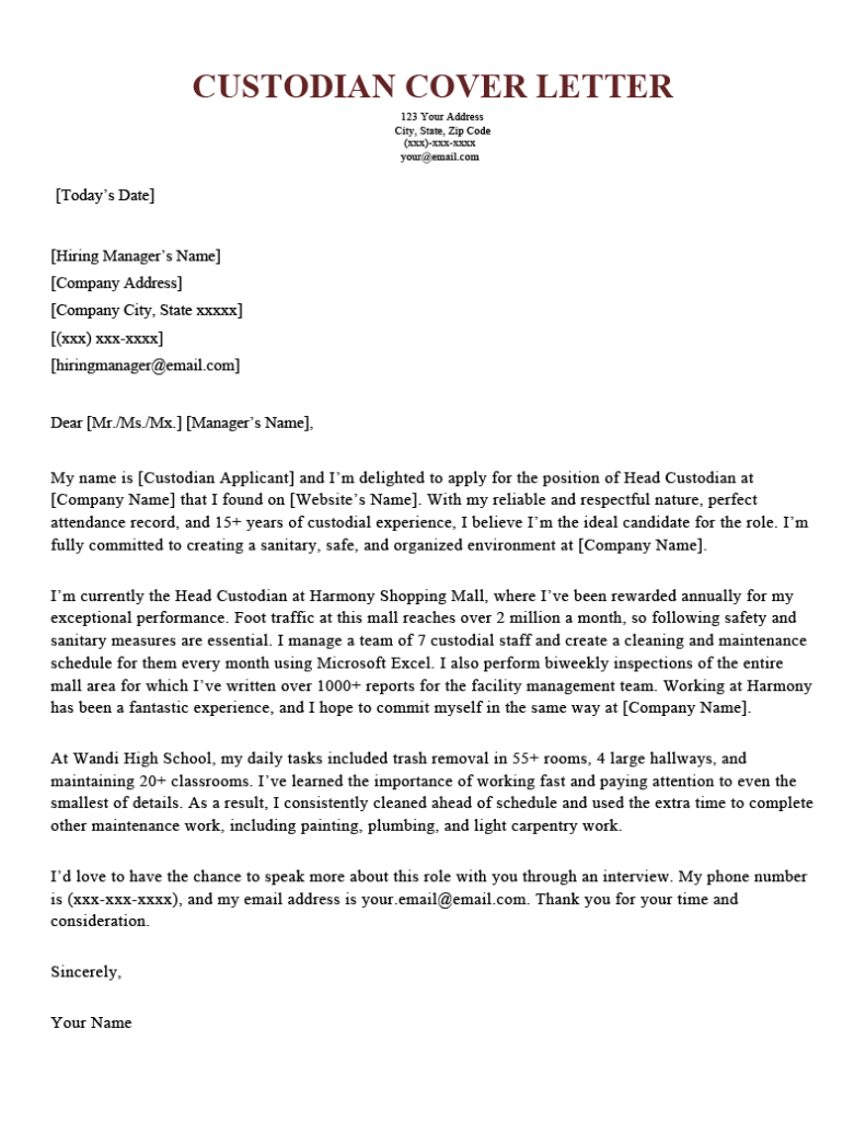 cover letter for custodial supervisor position