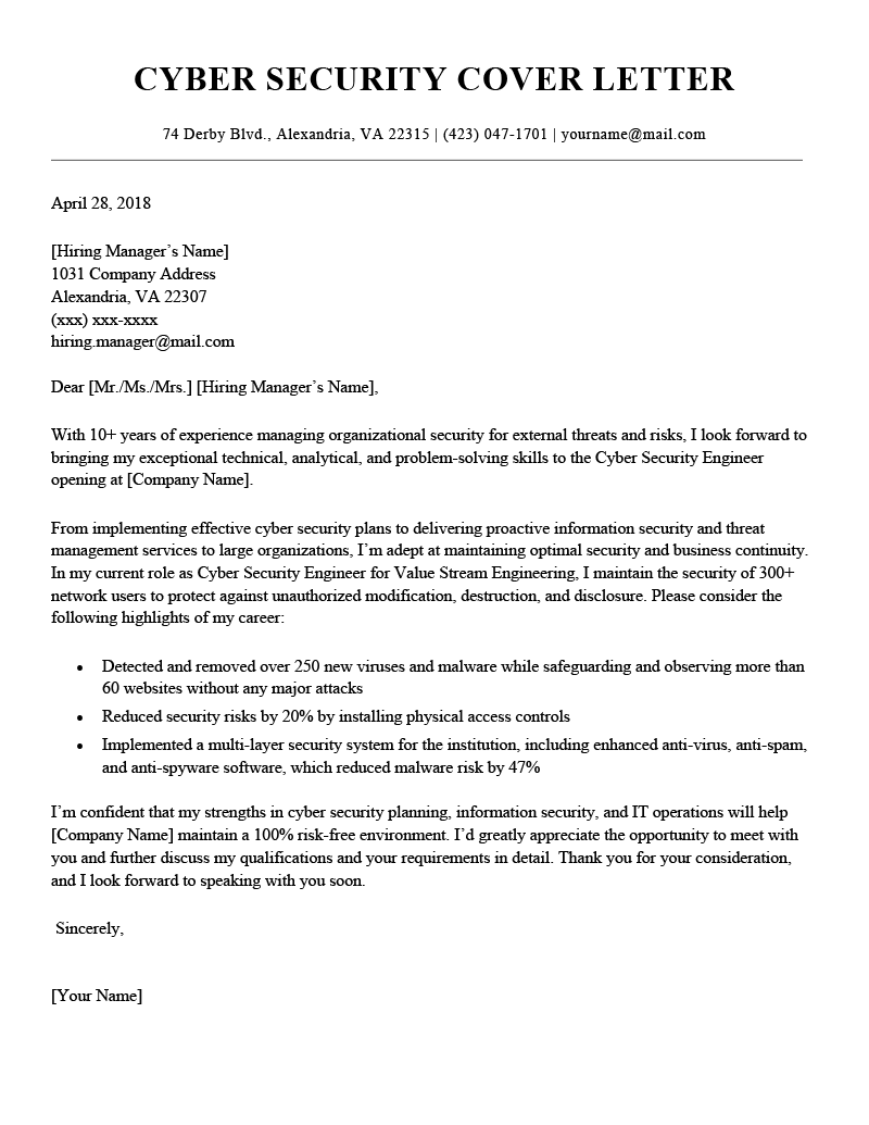 Cyber Security Cover Letter Example For Download