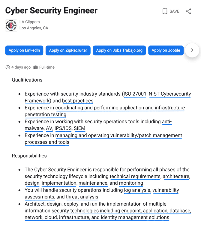 Example of a cyber security job description.