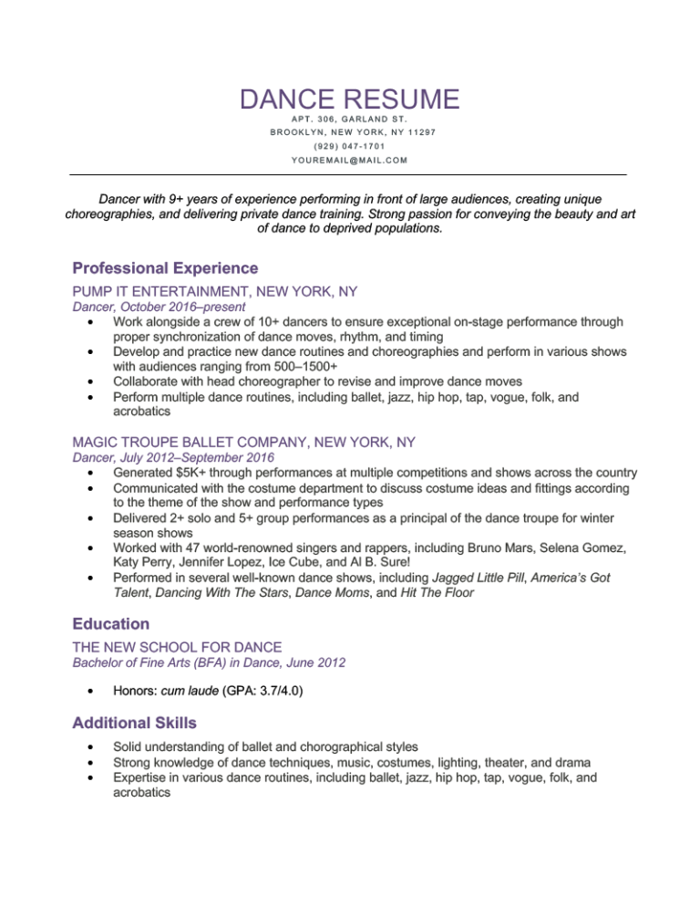 sample dance resume for college application