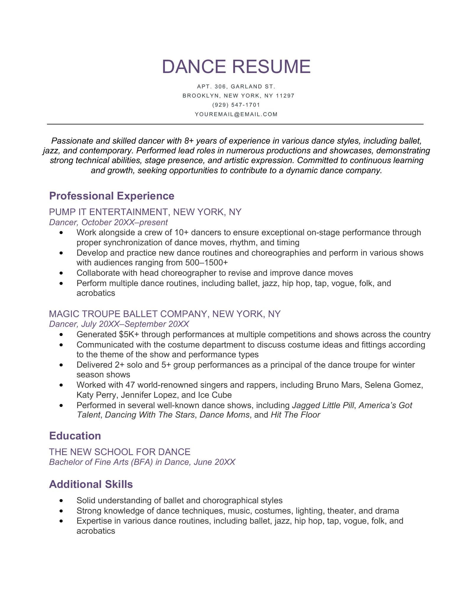 sample dance resume for college application