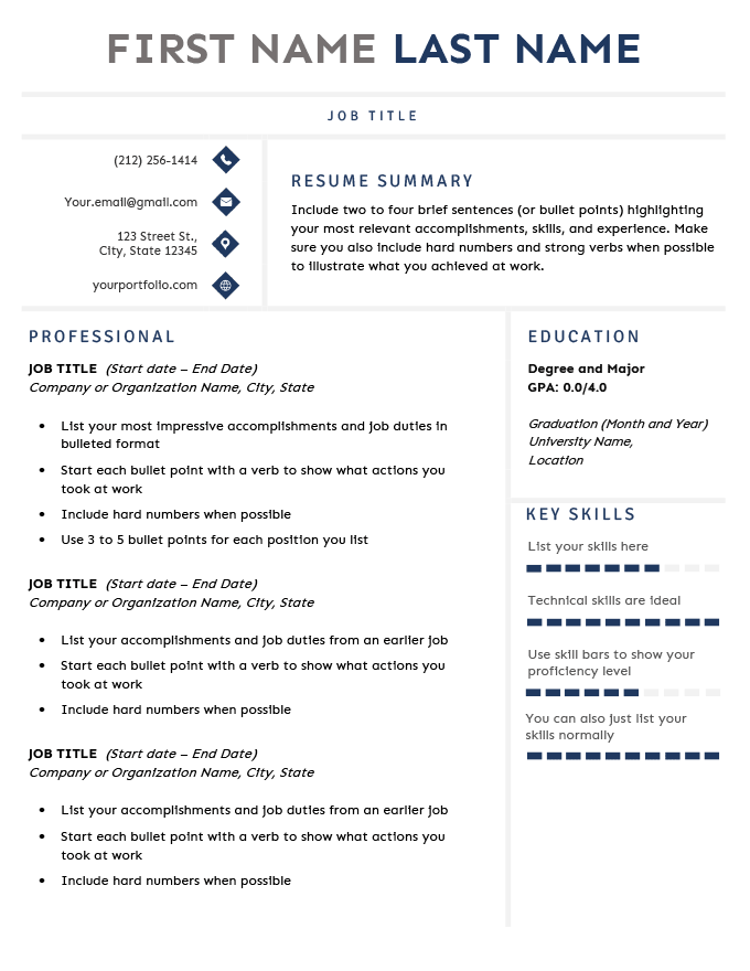 A basic fill-in-the-blanks resume template with a more creative look and blue skill bars