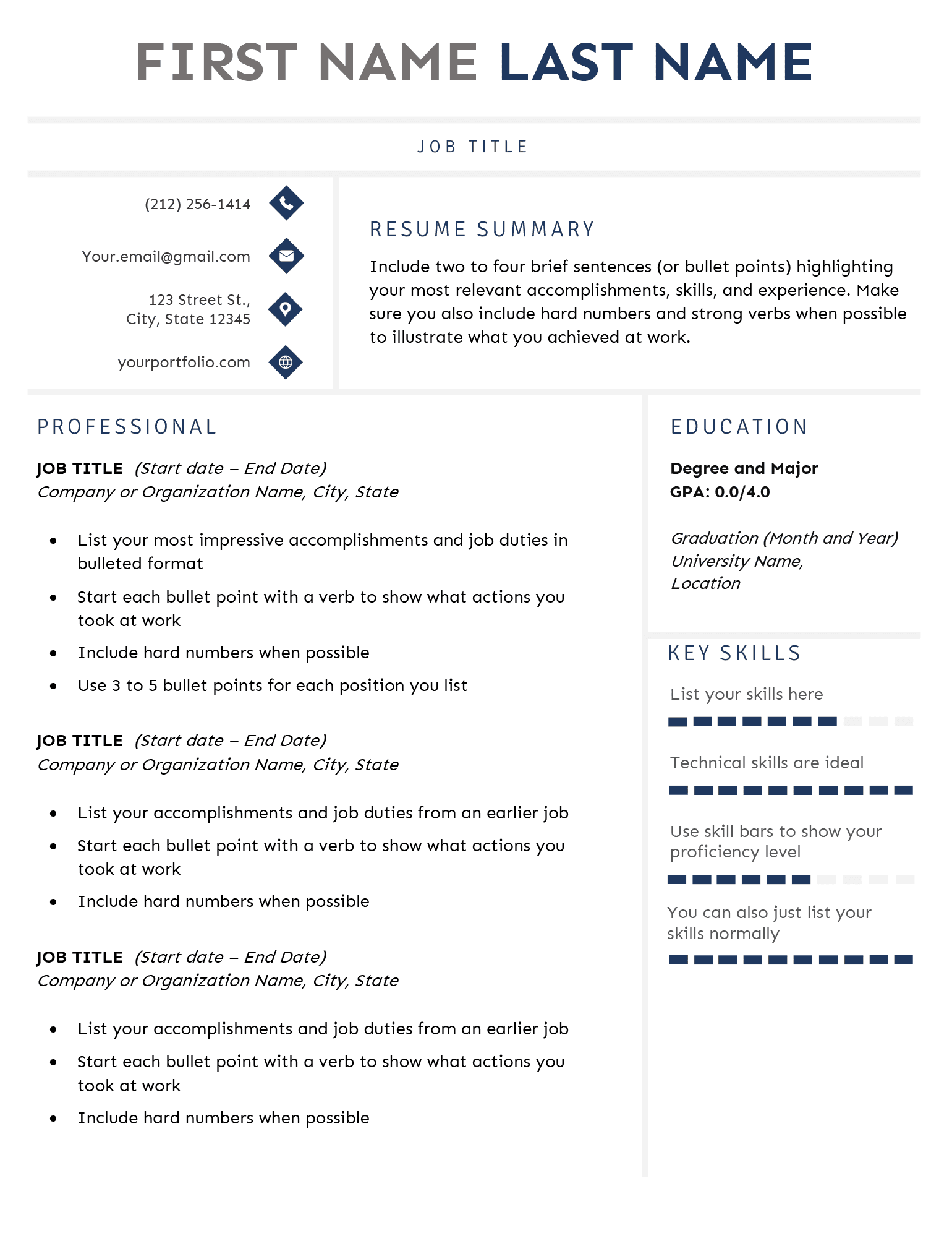 A basic fill-in-the-blanks resume template with a more creative look and blue skill bars