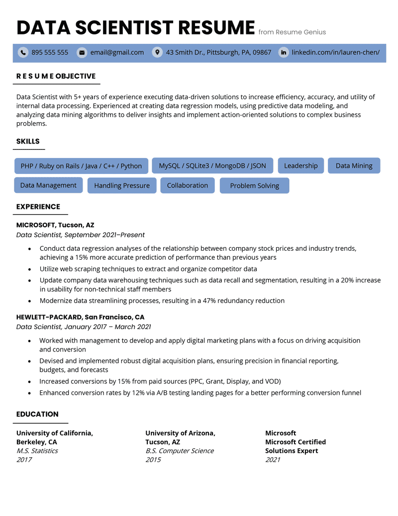 A data scientist resume sample with skills highlighted near the top in blue text bars and the candidate's education section organized into three columns along the bottom.