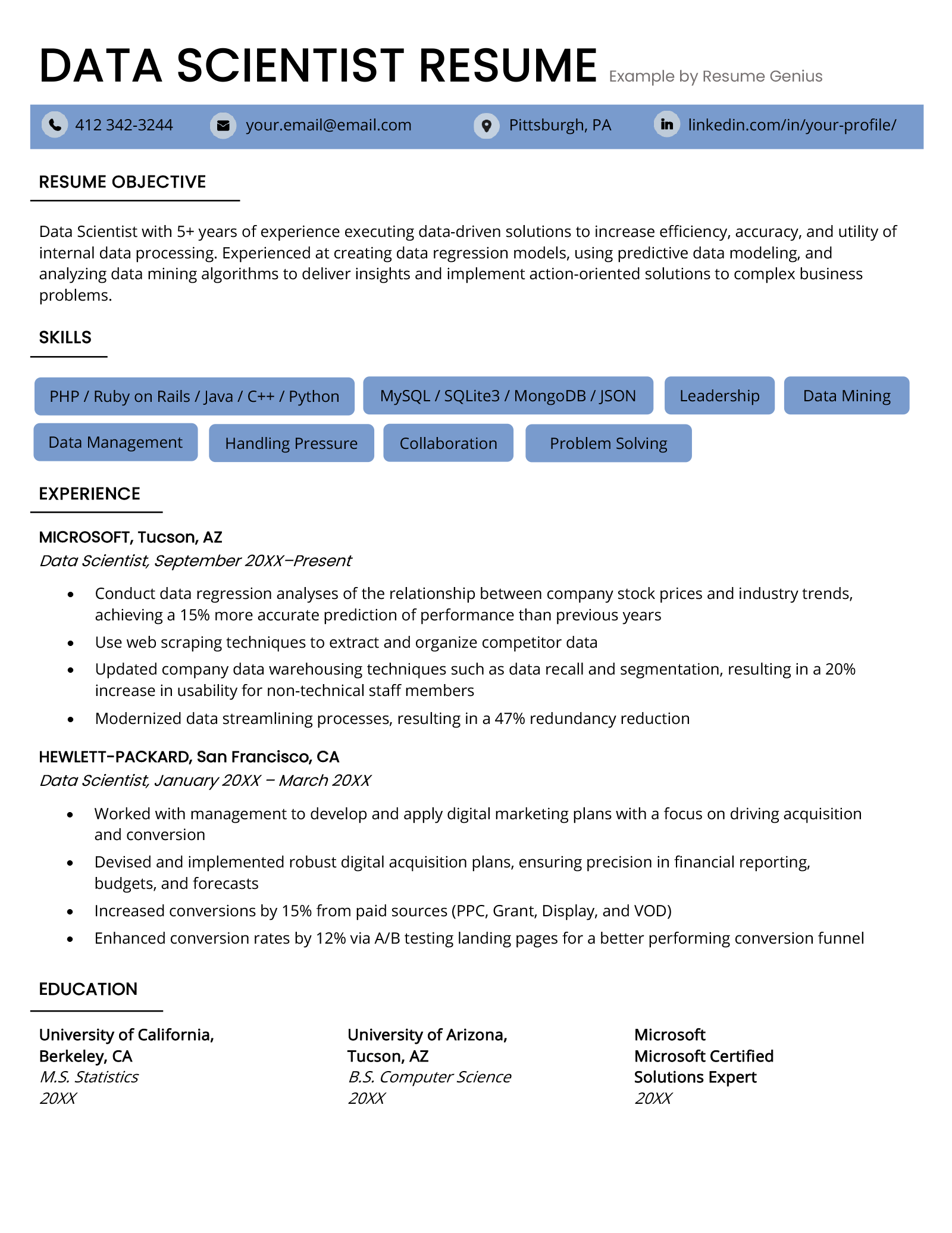 A data scientist resume sample with skills highlighted near the top in blue text bars and the candidate's education section organized into three columns along the bottom.