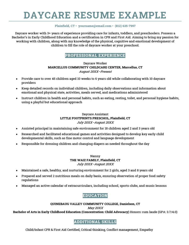 sample resume for daycare assistant teacher