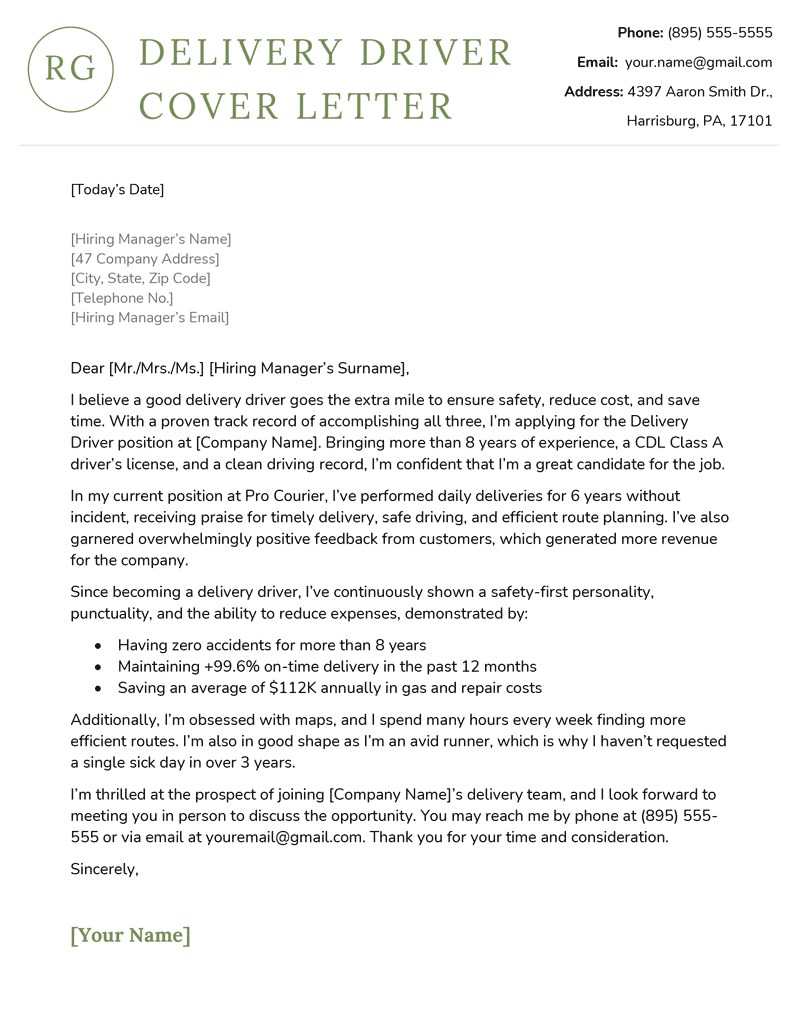 An example of a delivery driver resume, with a green header and simple icon on the left