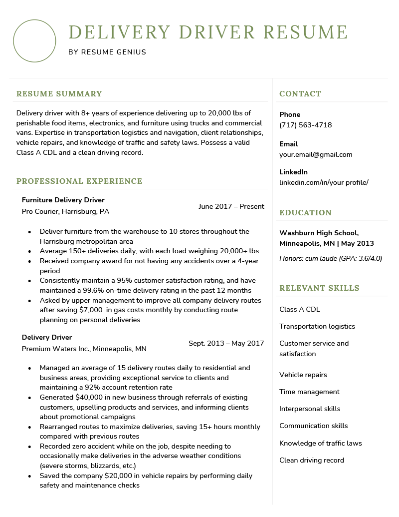 An example of a delivery driver resume