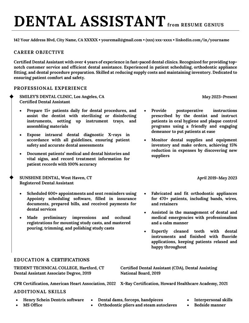 A dental assistant resume sample with sections for the applicant's resume summary, work history, education, skills, and certifications