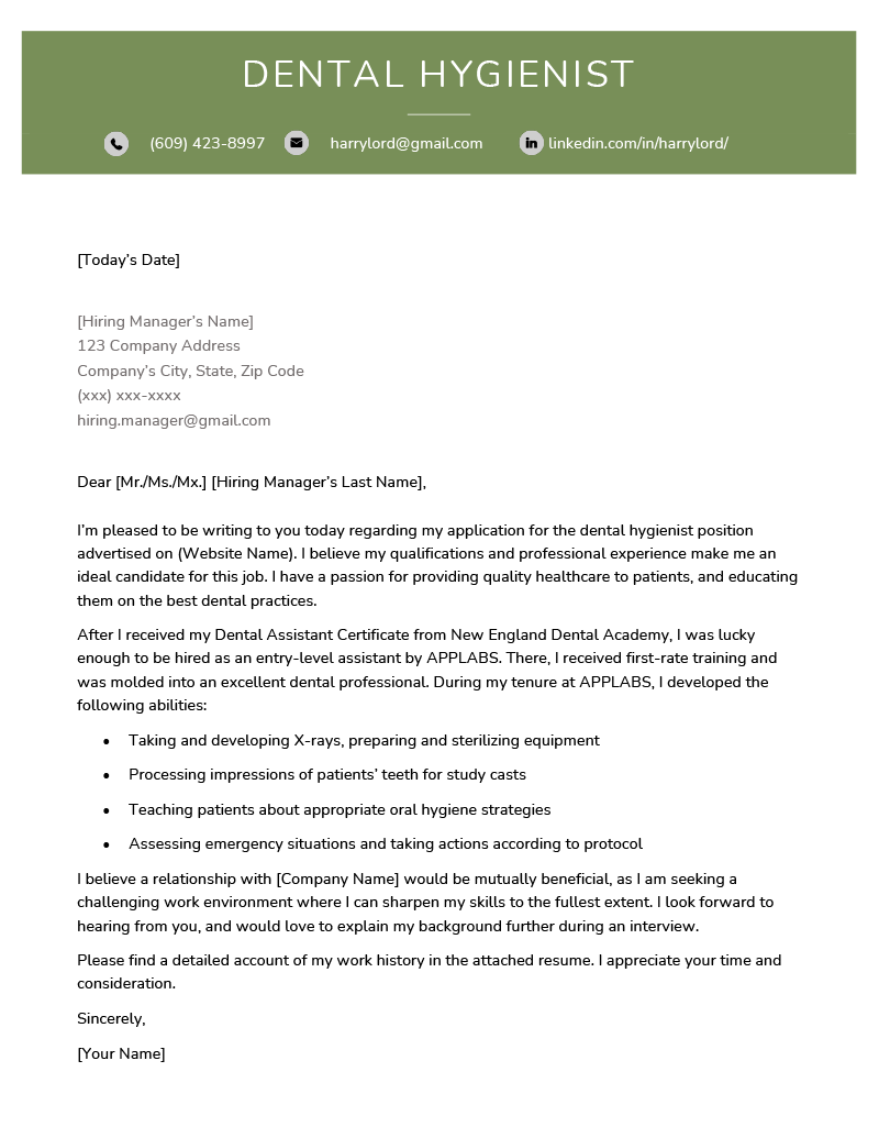 An example dental hygienist cover letter with a green header