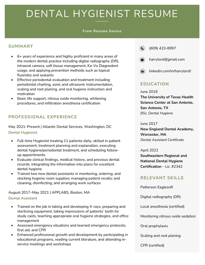 An example of a dental hygienist resume with a green header