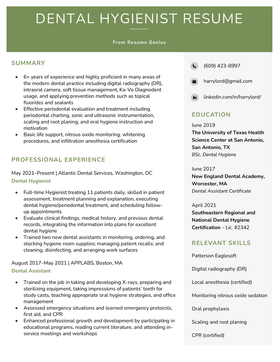 An example of a dental hygienist resume with a green header