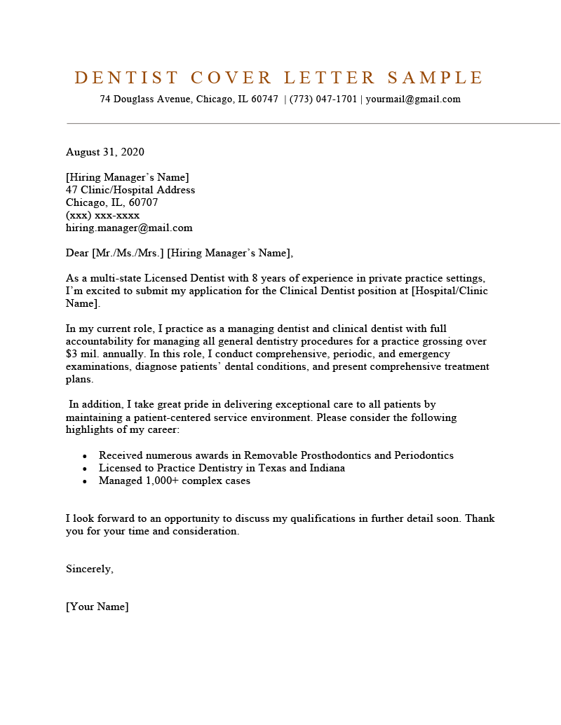 Dentist Cover Letter [Sample to Download]  Resume Genius Regarding Dentist Note For School Template