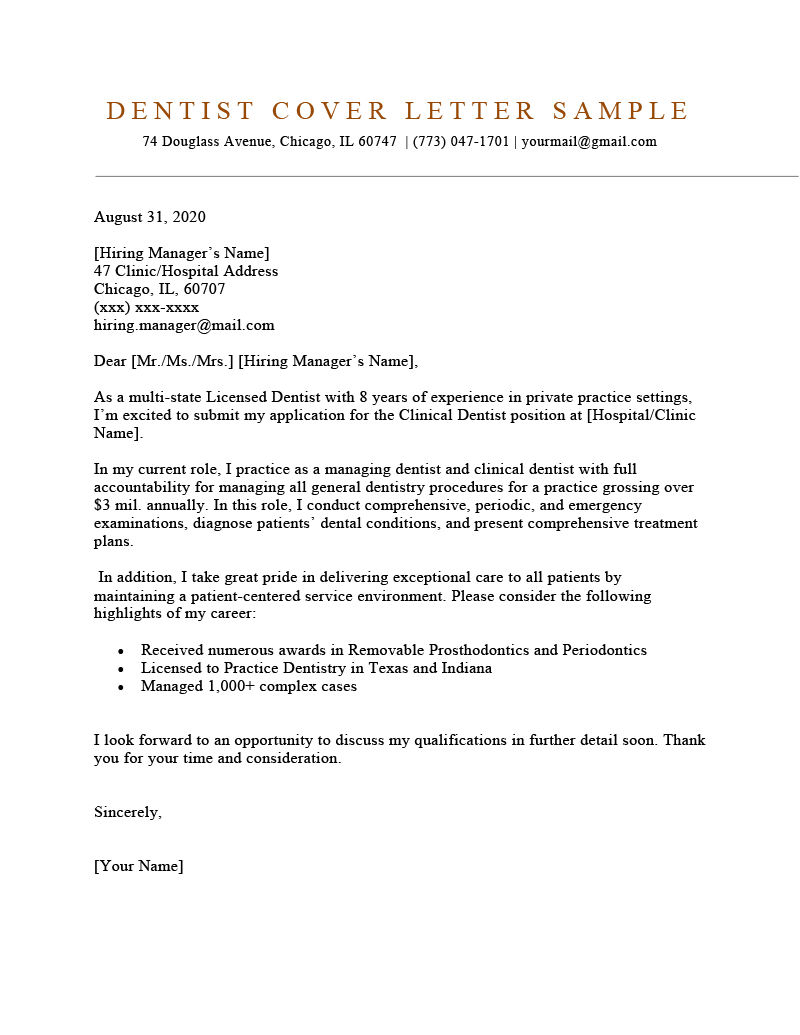 Dentist Cover Letter (Example & Tips)