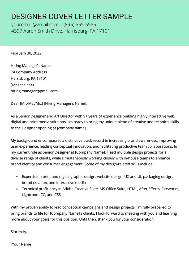 cover letter on designer