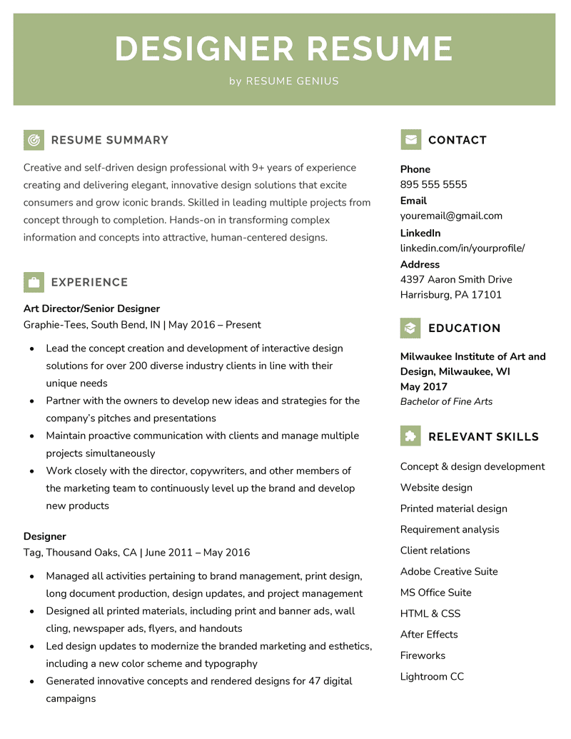 A designer resume example with a green header to make the applicant's name stand out