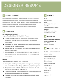 A designer resume example with a green header to make the applicant's name stand out